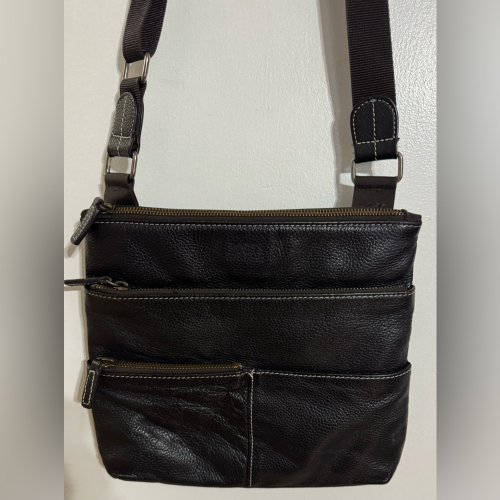 Vintage Roots Black Leather & Brown Polyester Crossbody Bag.
